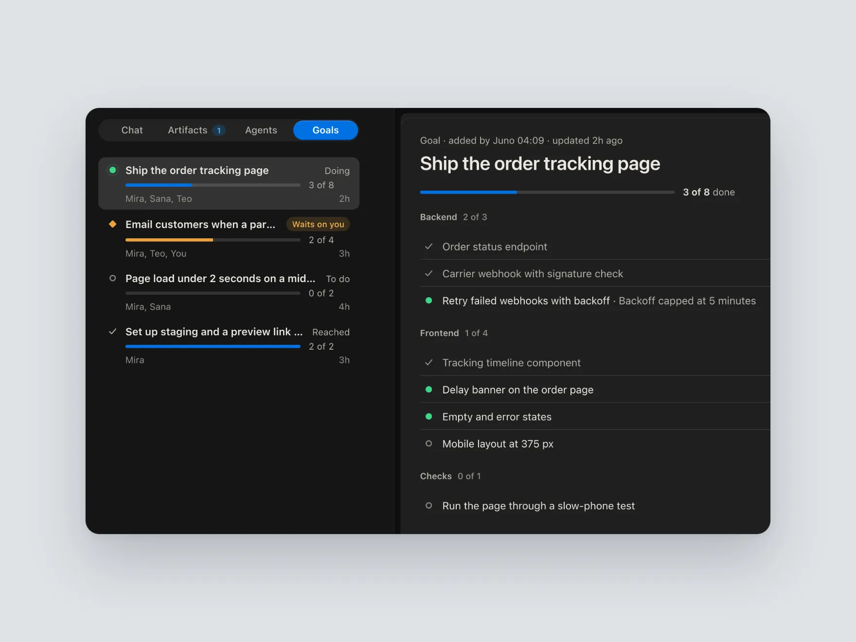 Dash App Goals tab with four goals and their progress: 'Ship the order tracking page', Doing, 3 of 8; 'Email customers when a parcel…', Waits on you, 2 of 4; 'Page load under 2 seconds…', To do, 0 of 2; 'Set up staging and a preview link…', Reached, 2 of 2. The first goal is open as a plan with Backend, Frontend and Checks blocks and their tasks.