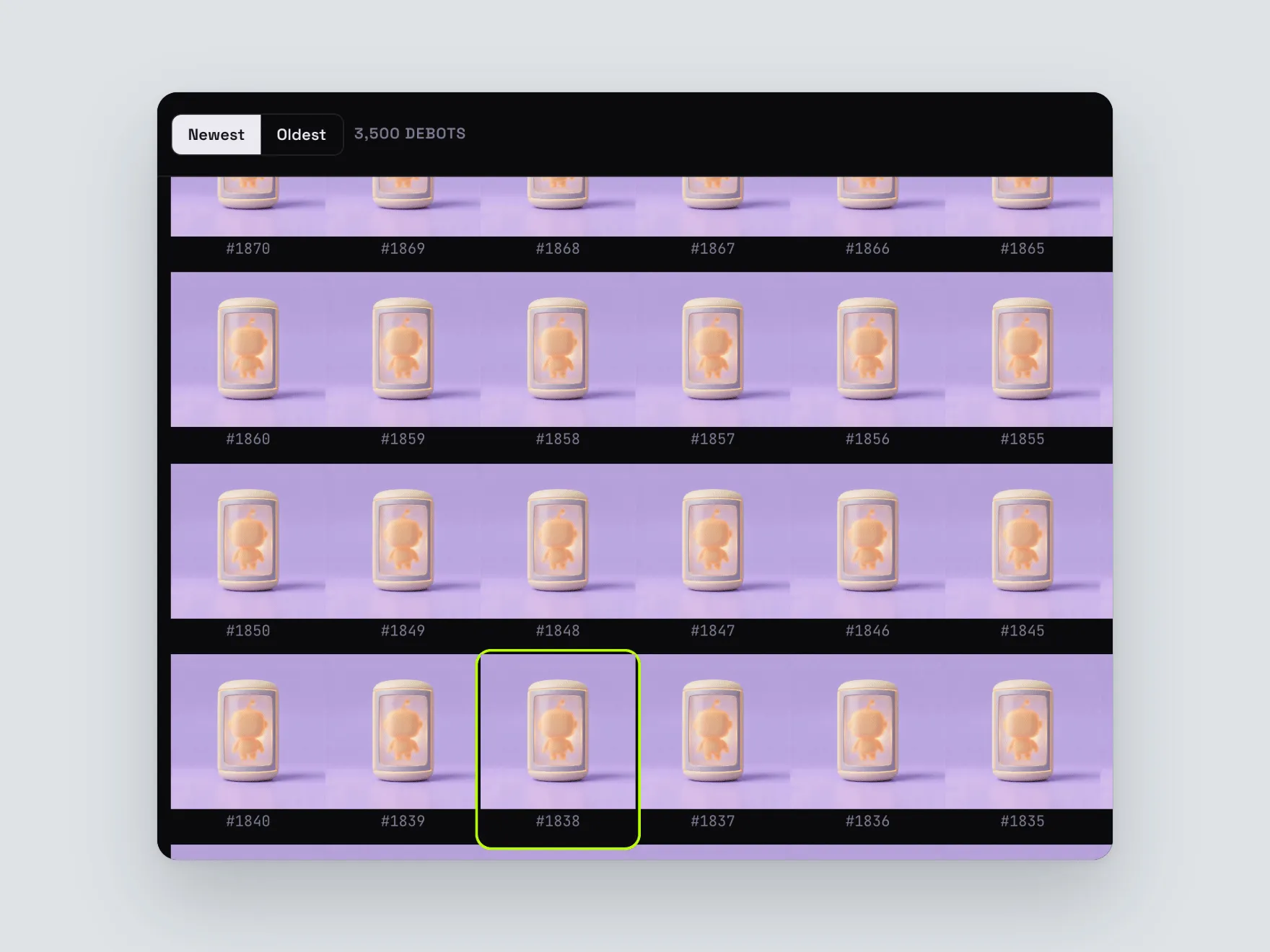 The DeBots grid in the dark theme: 'Newest / Oldest · 3,500 DEBOTS' above four rows of numbered tiles from #1870 to #1835. Tile #1838 has a lime ring.