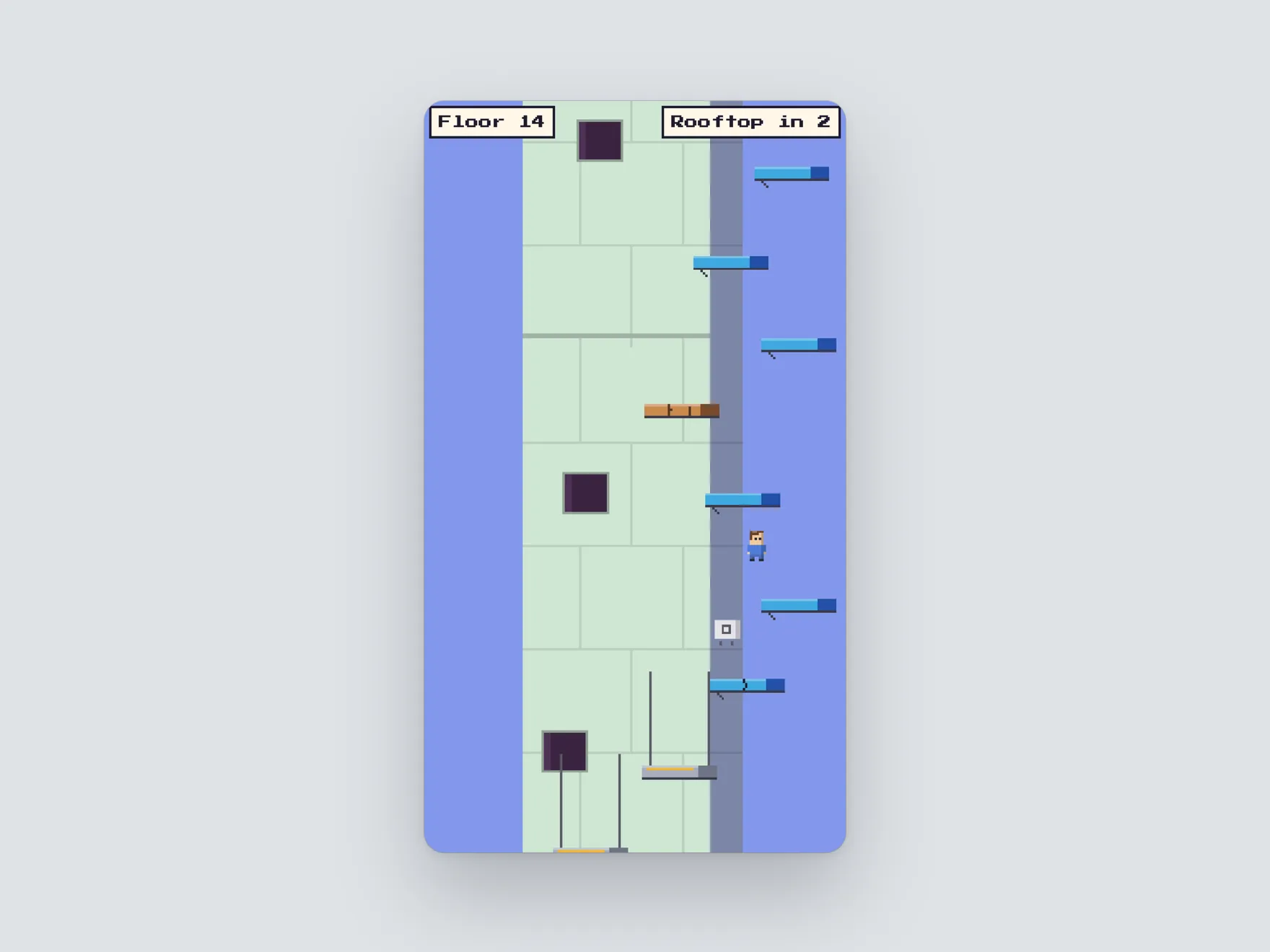 Pixel-art tower in a narrow portrait frame. A small climber is in mid-air beside a plank partway up, and two chips at the top read 'Floor 14' and 'Rooftop in 2'.