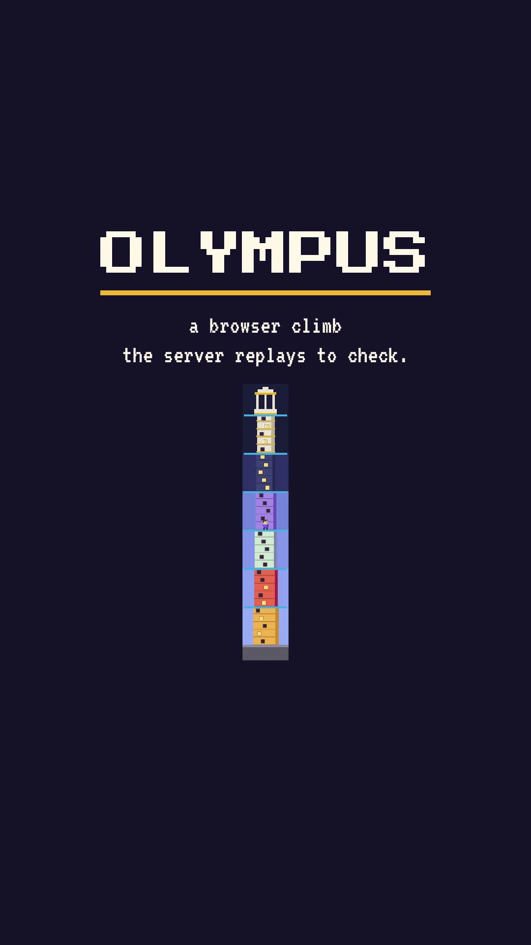 Olympus, an interactive showreel of about 64 seconds: how a server checks a browser climb it did not see by replaying the moves, with the numbers and the limits. It starts on its own, unless motion is paused; use its Pause, Play and Skip buttons.