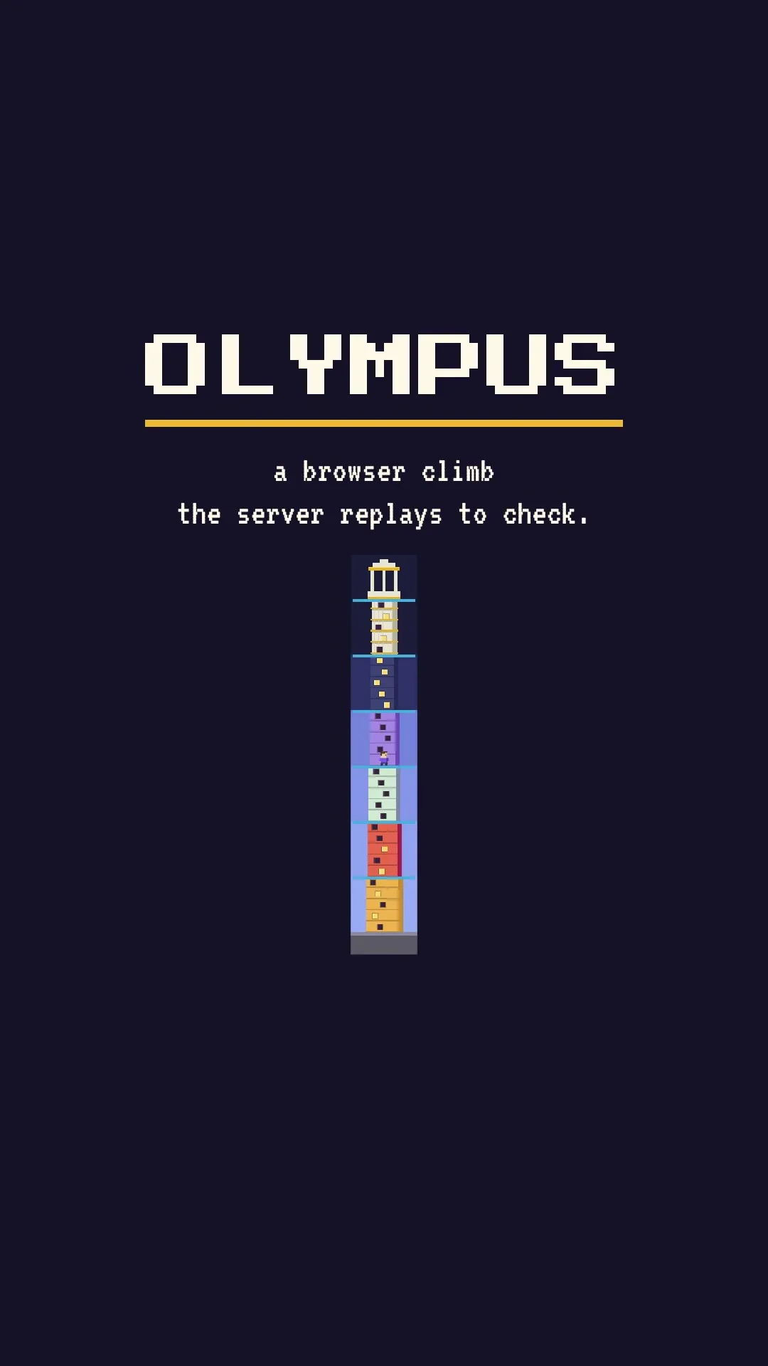 The Olympus title card on a dark navy ground: the word OLYMPUS in pixel letters over a gold rule, the line 'a browser climb the server replays to check.', and a small pixel-art tower of coloured floors with a columned temple on top.